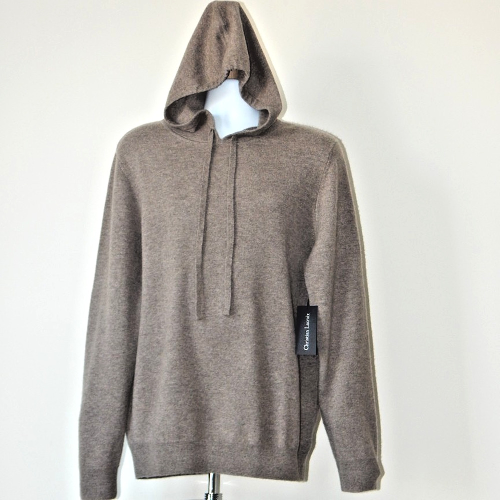 NWT Christian Lacroix Paris 2-PLY Cashmere Hoodie Pullover Sweater Taupe Men XL
